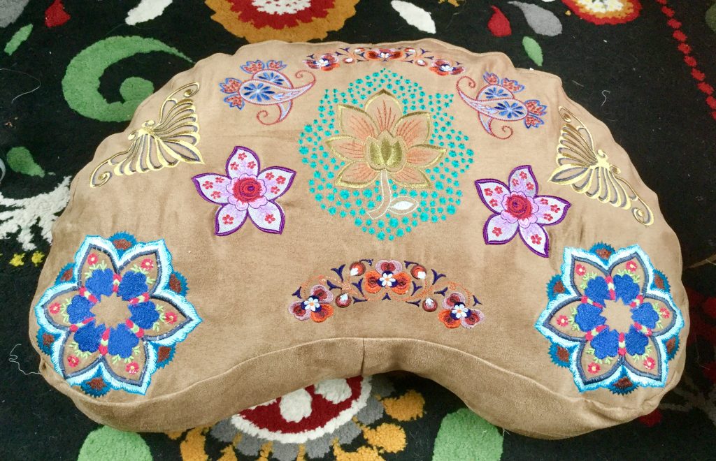 Moon shapes, firm hollowfill stuffed Yoga cushion , with a variety of embroidery symbols. 